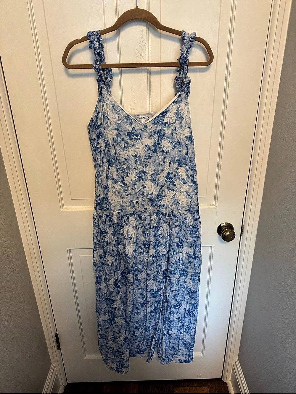 INTERMIX Floral Midi Dress in Blue & White Size 8